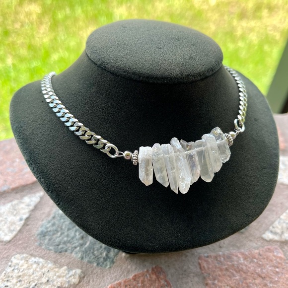 Angel aura crystal quartz on stainless steel chain boho goth choker necklace - Picture 7 of 10